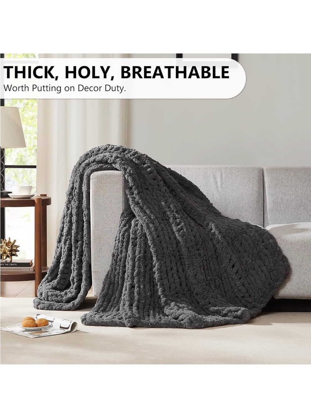 Chunky Cable Knit Throw Blanket - Dark Gray - Picture 3 of 3